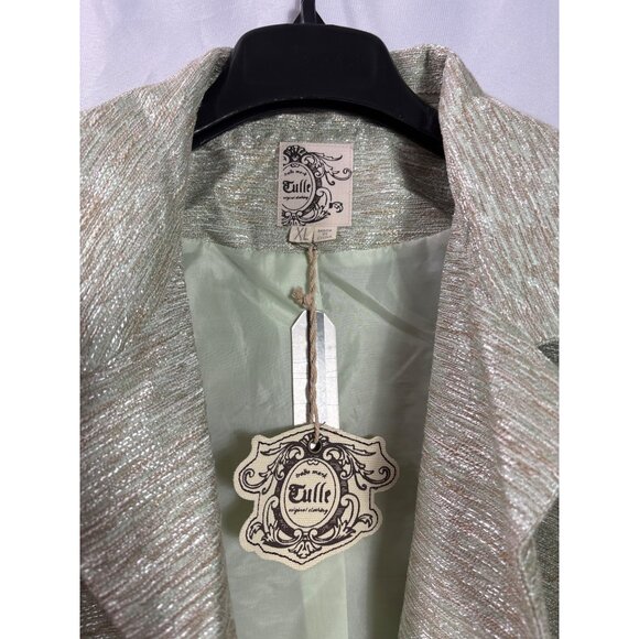 Y2K Tulle Womens XL Metallic Green Tan White Tweed Open Front Blazer Jacket New - Picture 3 of 5